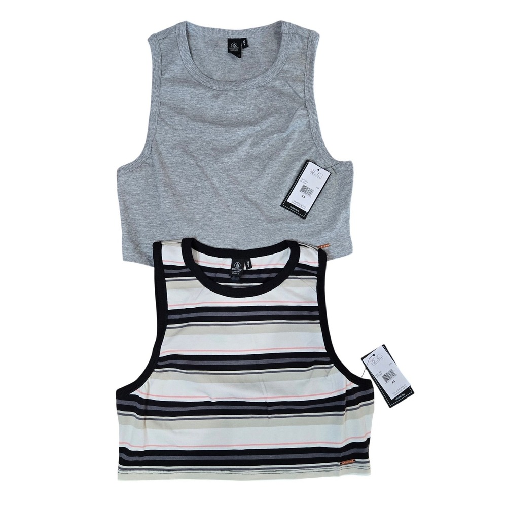 Two NEW Volcom Lived in Lounge Cropped Tank Tops Striped Black Solid Gray‎ XS